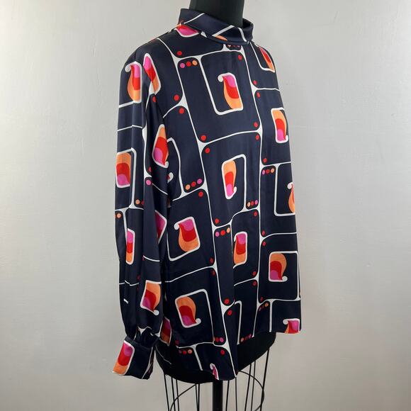 ZARA Navy Blue Orange Geometric Printed Long Sleeve Pullover Blouse Top Size L - Picture 4 of 8